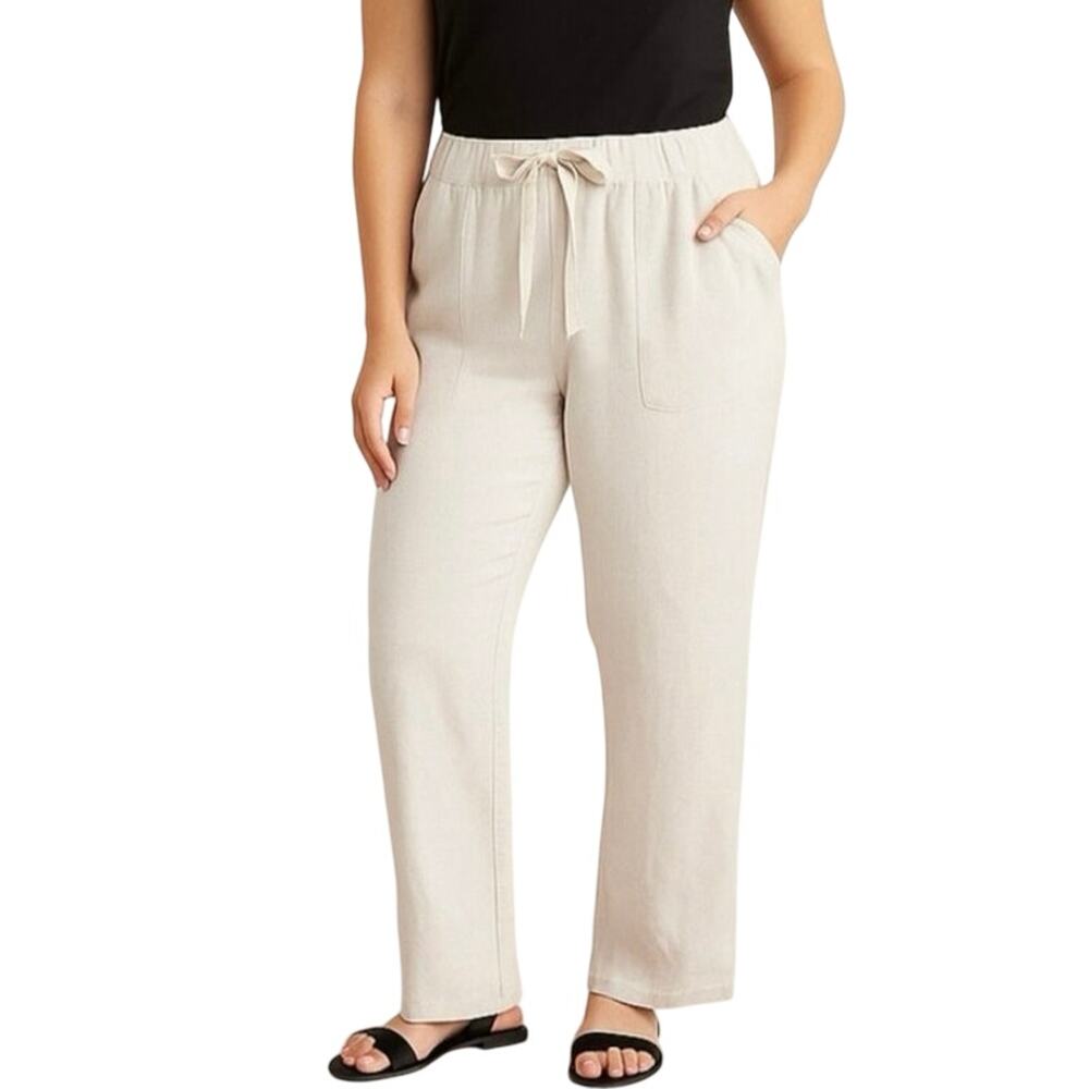 H & M Size XL Women's Linen Blend Pull On Pants Beige Elastic Waist Pockets